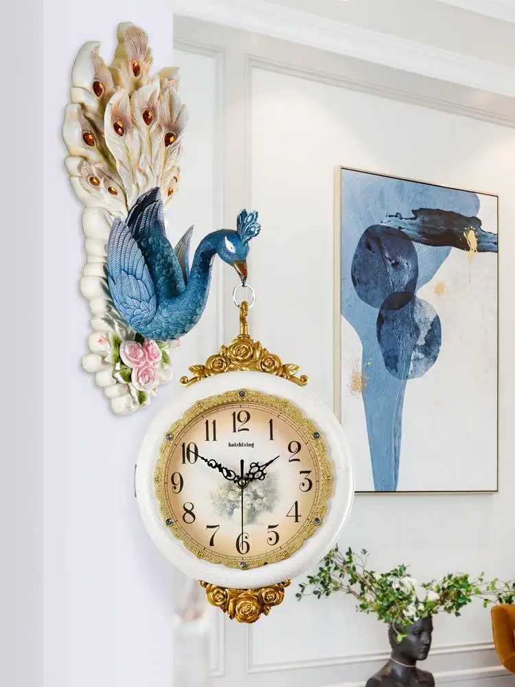 European double-sided wall clock living room atmosphere two-sided peacock American light luxury quartz clock creative home wall
