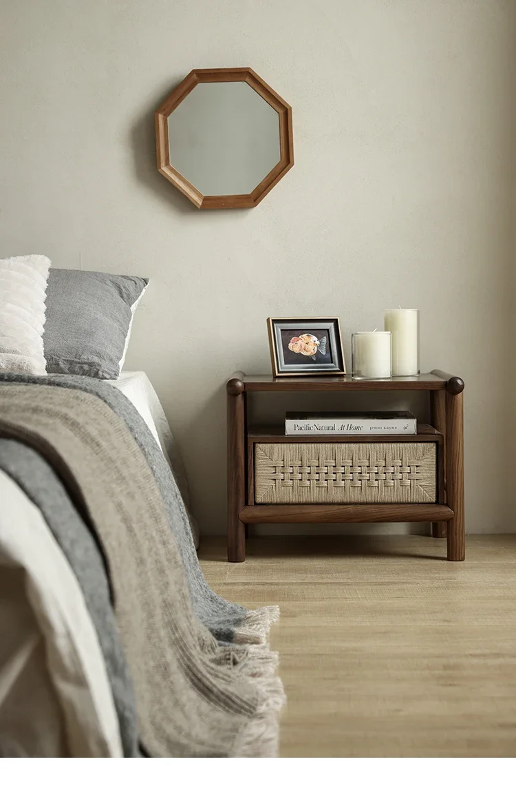 

New Chinese Retro Style Black Walnut Wooden Bedside Table Nordic and Japanese Style Pure Solid Wood Bedside Cabinet Silent Style