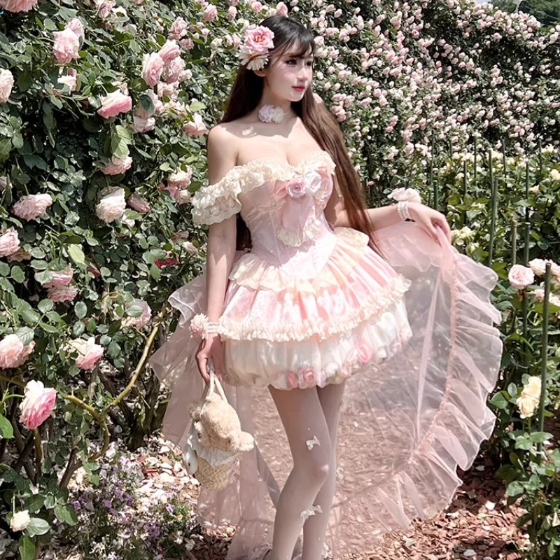 สีชมพู Fairy Bud ชุดเดรสฤดูร้อนสาวหวานสูงเอว Slim ด้านบนปิดไหล่ชุดมินิผู้หญิง Lolita ชุดแต่งงานดอกไม้