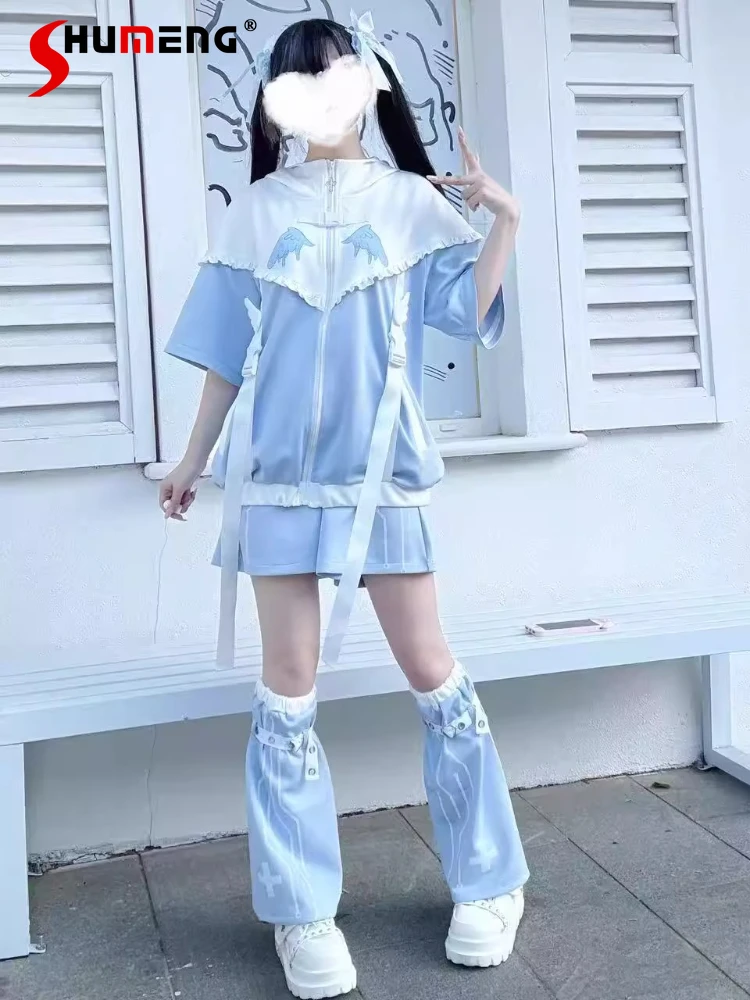 

Original Japanese Subculture Water Color System Removable Sleeve Jacket Shorts Leg Cover 3 Piece Set Girl's Sweet Hooded Jacket