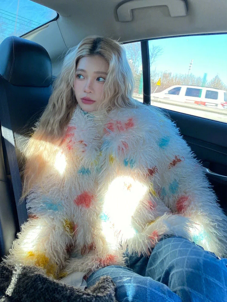 

2025 New Polka Dot Fur Coat Women ort Thiened Eco-friendly Plu Outerwear Sle Korean Commute Sle