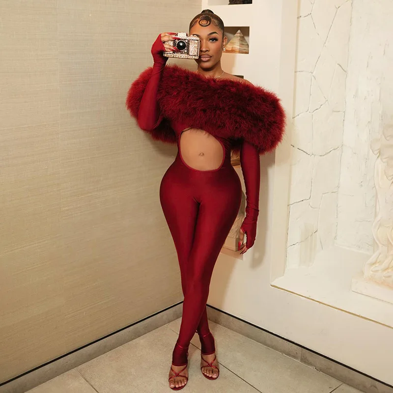 

Женский комбинезон с вырезом-лодочкой и меховыми вставками, роскошный, в стиле хипстер, с пэчворком, трендовый, сексуальный, с вырезами, эластичный, для фитнеса и клубных мероприятий