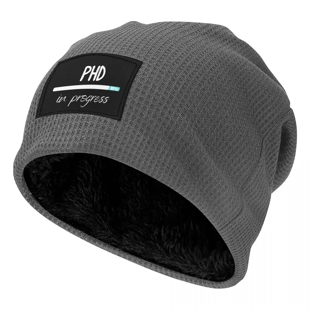 Phd In Progress Waffle Knit Fleece Lined Beanie with PU Leather Patch Unisex Warm Winter Soft Cap