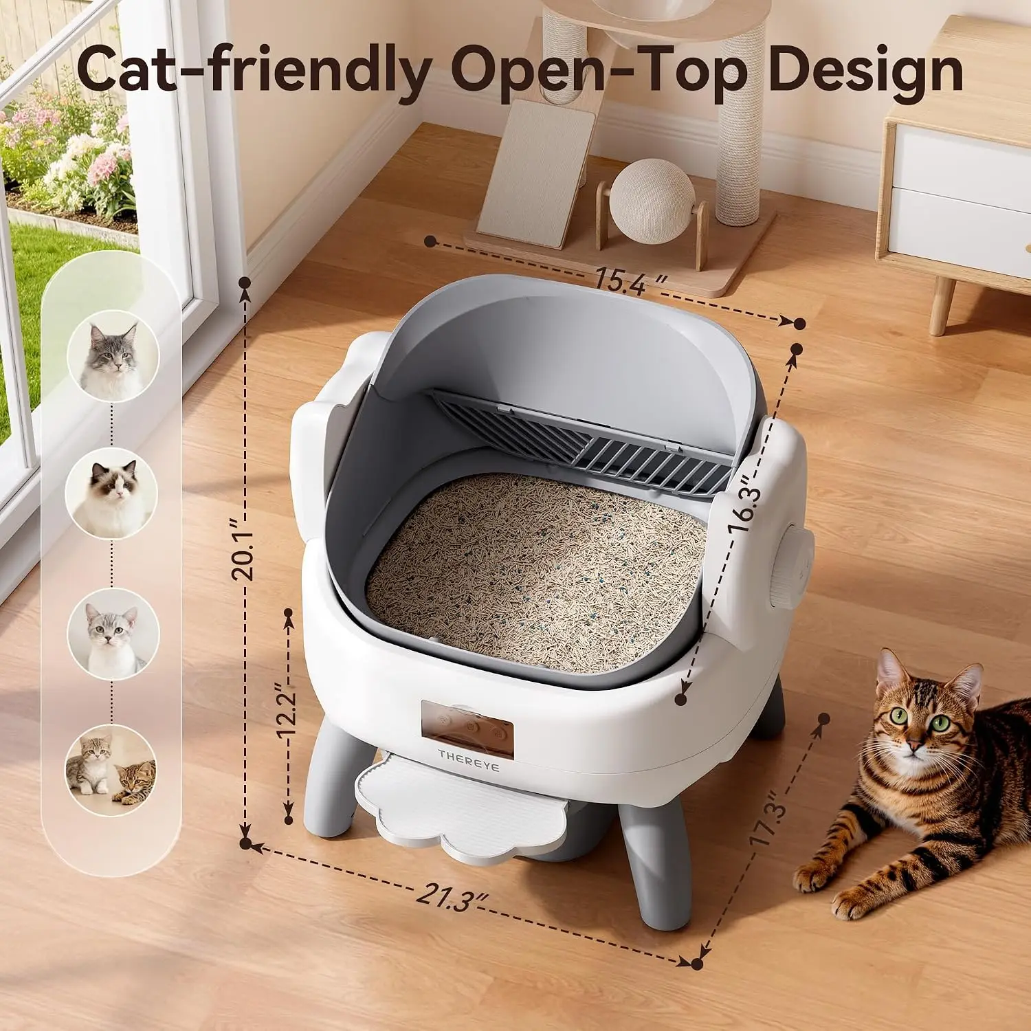 Automatic Litter Box with Entry Step, Open-Top Self Cleaning Litter Box, App Control & Safety Protections, 10L Waste Bin with Od