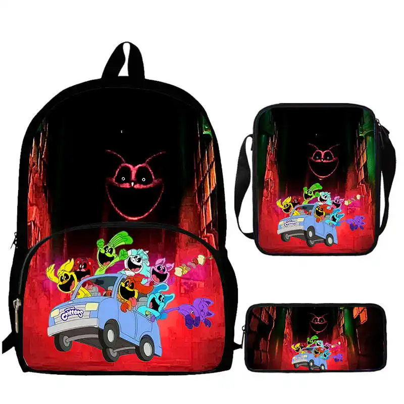 Juego de 3 piezas de Anime sonriente, mochila escolar para Grade1-3, bolso de hombro, estuche para lápices, mochilas escolares de dibujos animados para niños y niñas