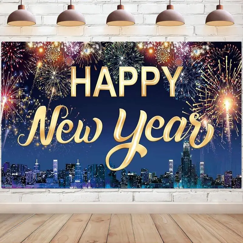 Happy New Year Backdrop Sign Poster Banner Fireworks Photography Background Party Decorations Photo Booth Studio Props