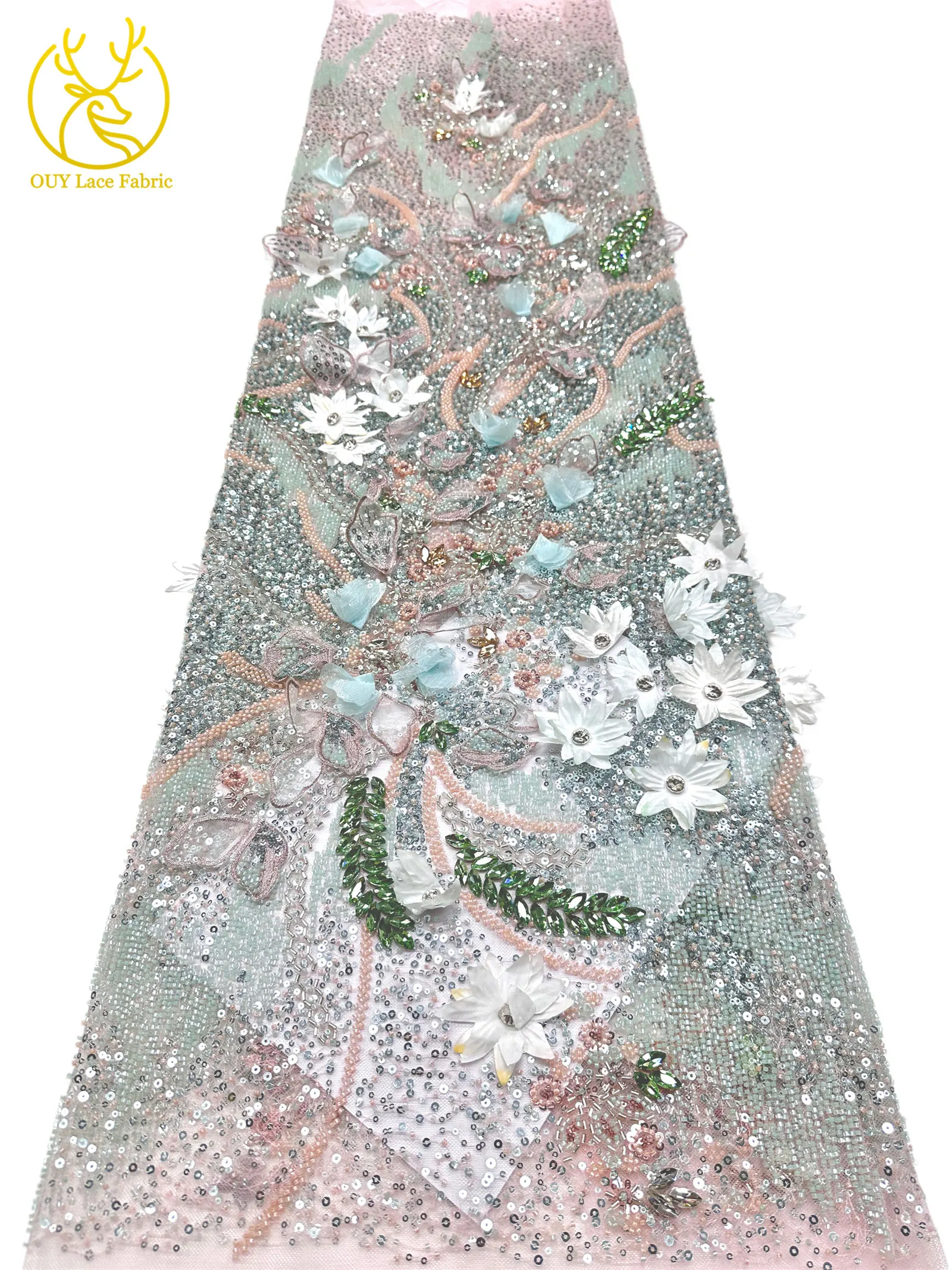Hochwertiger luxuriöser französischer Edelstein-Perlenstickerei-3D-Blumen-Afrikanischer-Pailletten-Spitzenstoff für DIY handgefertigtes Hochzeitskleid. – Detail 10
