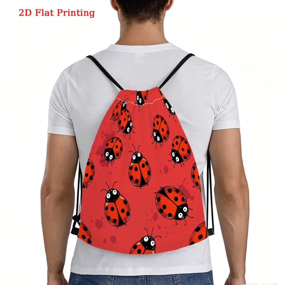 Red Ladybug Pattern Print Design Drawstring Backpack, Travel Shoe Bag, Fitness Sports Backpack, Travel Outdoor Drawstring Bag