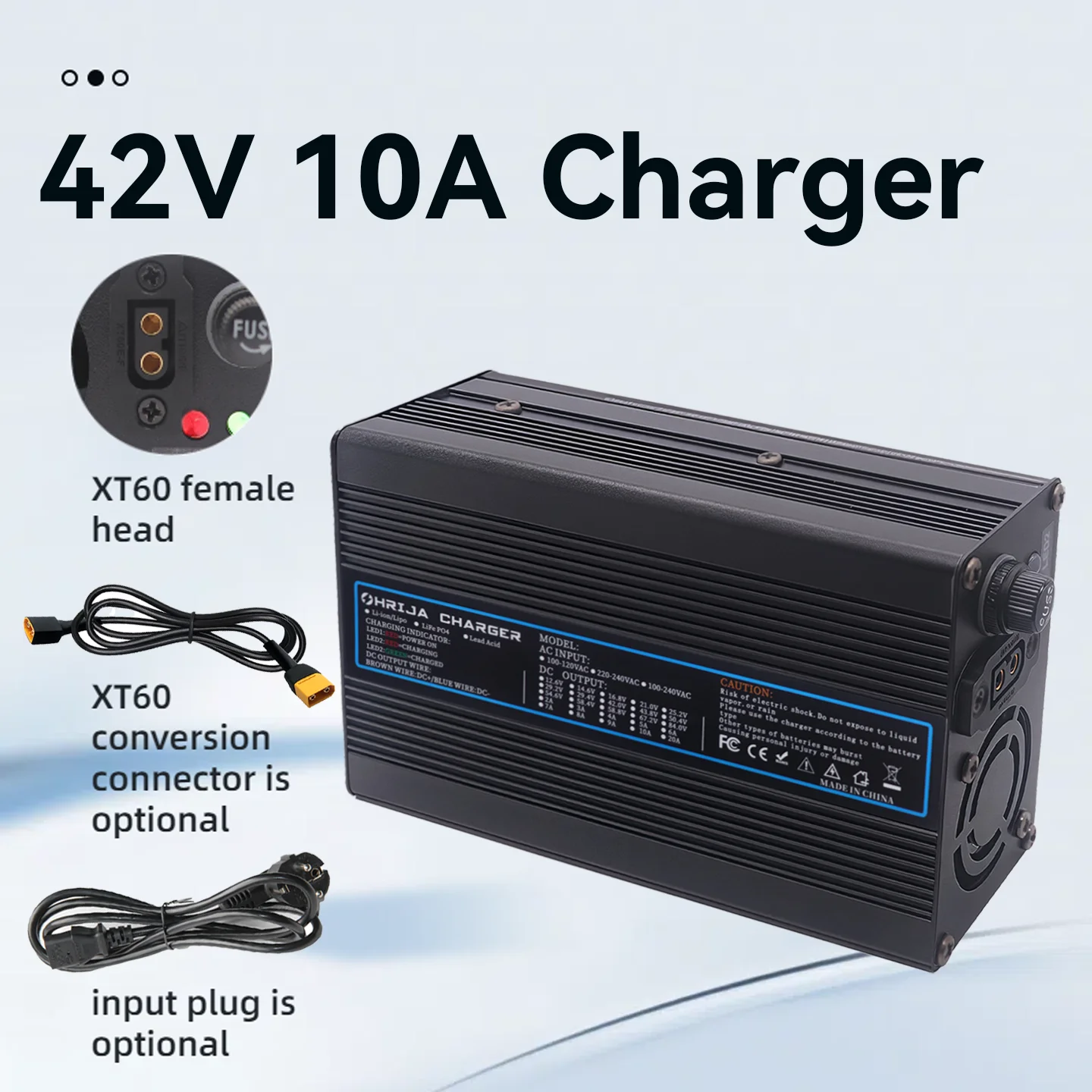

OHRIJA 42V 10A charger quick aluminum shell suitable for 10S lithium-ion battery charger detachable connector plug is optional