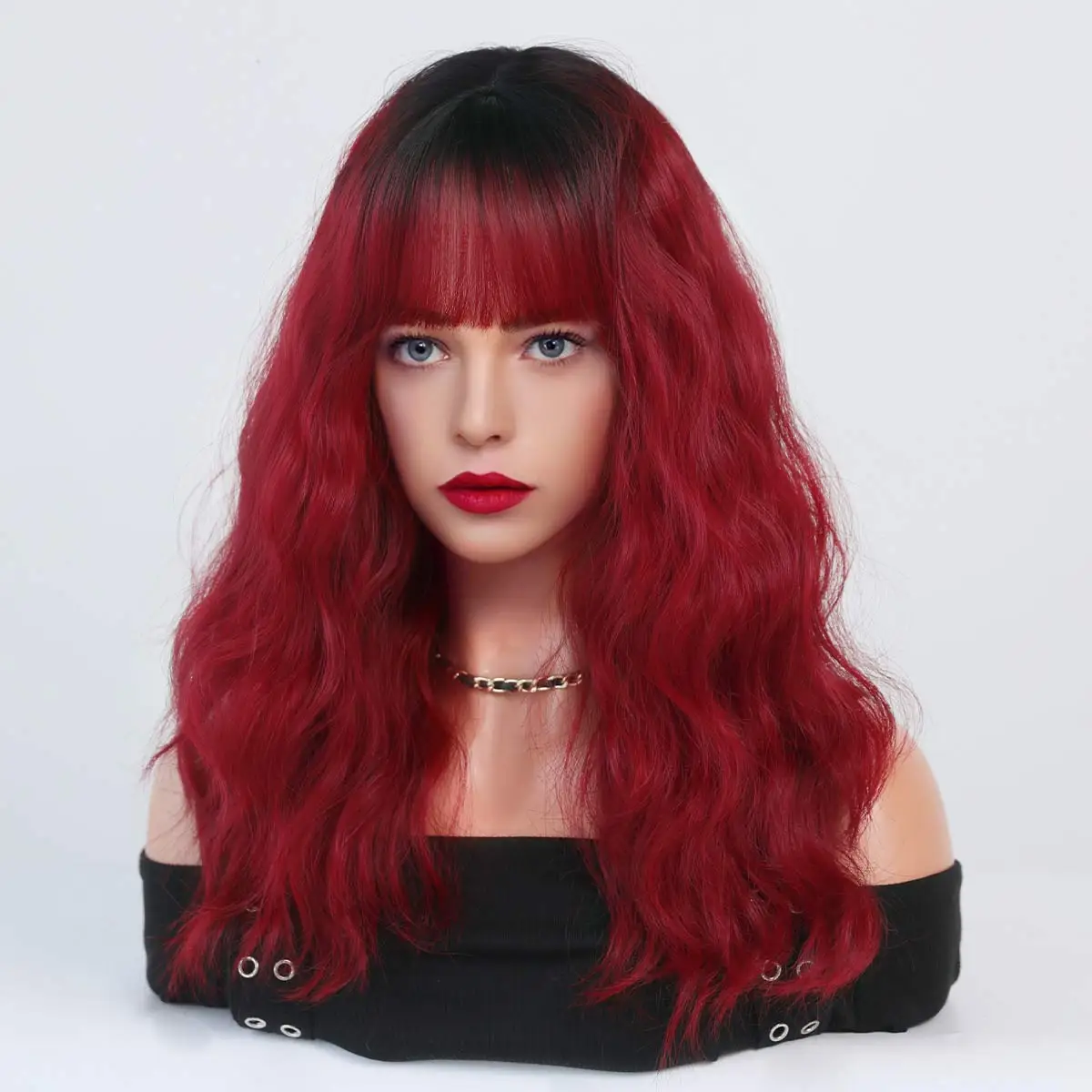 NAMM-peluca sintética con flequillo para mujer, cabellera de Cosplay con ondas de agua, pelo rojo vino, resistente al calor pelo Natural, pelucas onduladas para Halloween