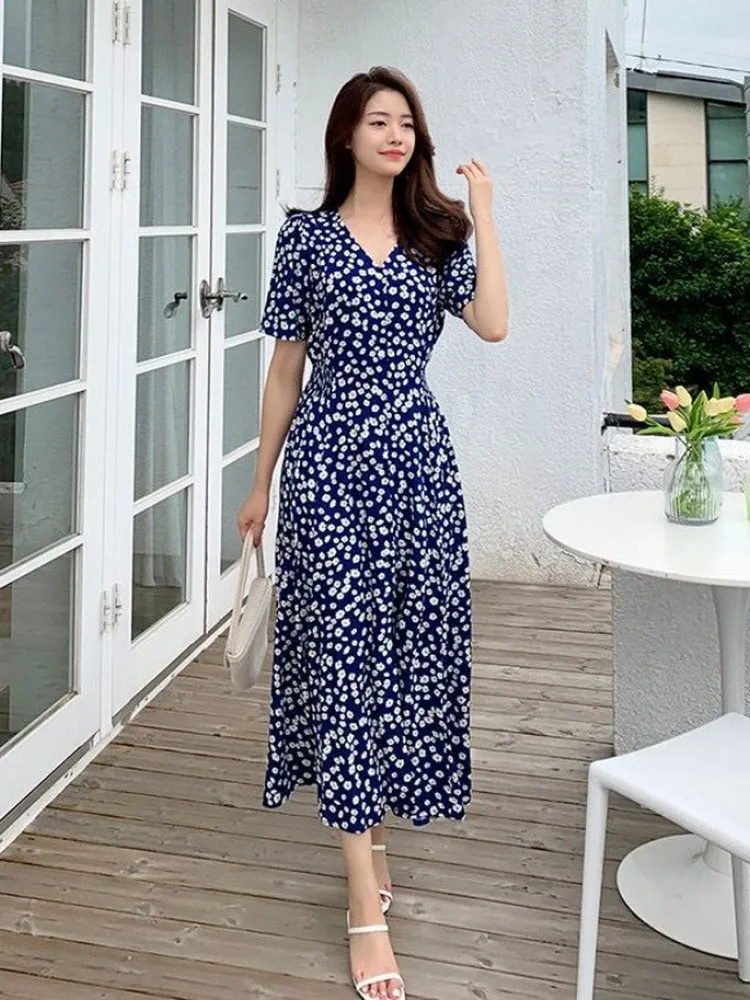 Daisy Floral Print Mujer Dr Cintura elástica Adelgazante Dulce Una línea Falda midi Cintura alta Fibra de poliéster Regular Sve