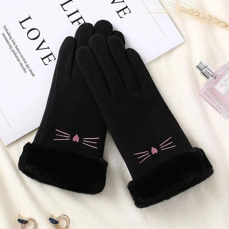 Winter Women Keep Warm Plus Velvet Touch Screen Thicken Plush Wrist Suede Gloves Cute Lovely Sweety Cat Embroidery