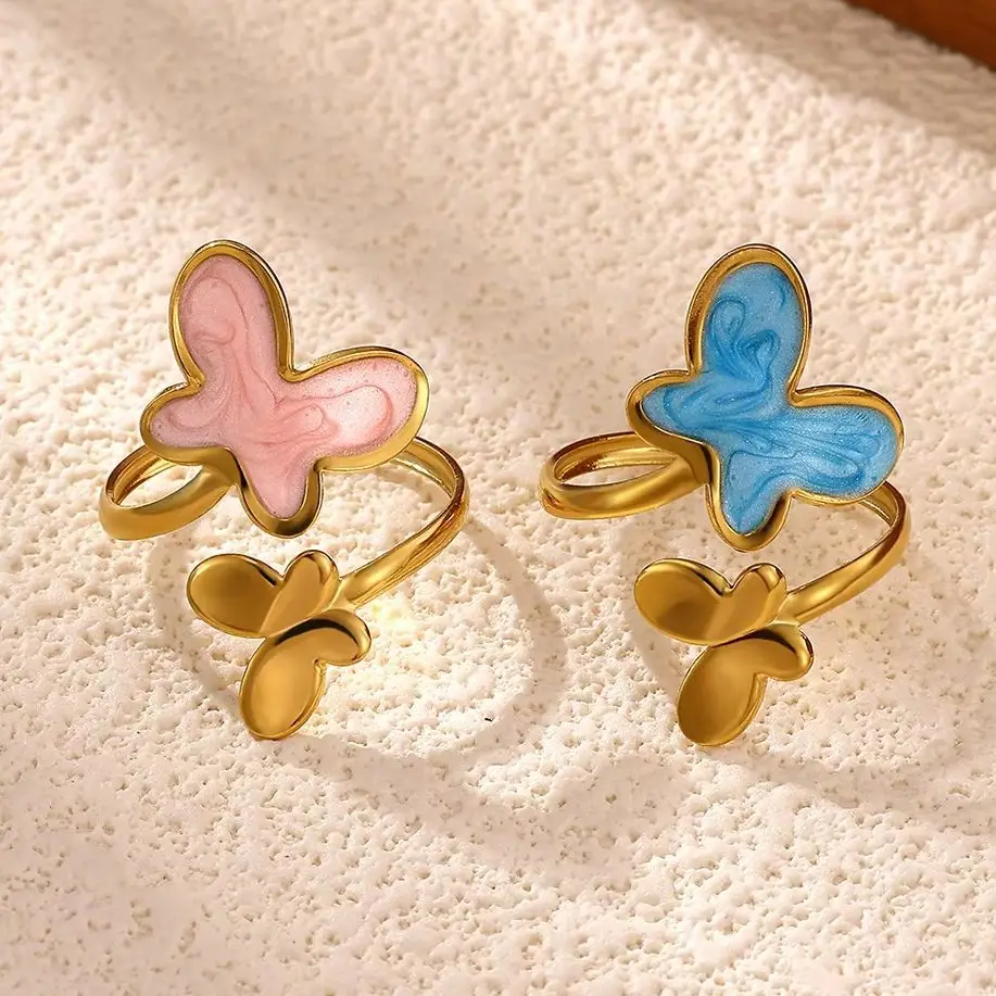 Pink Blue Drop Oil Butterfly Rings for Women Sweet Stainless Steel Gold Color Stacked Open Ring Fashion Wedding Jewelry Gift
