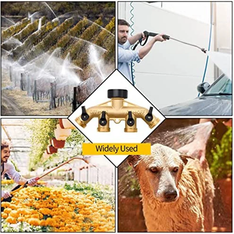 4 Way Brass Hose Splitter, 3/4inch Brass Hose Faucet Manifold, Garden Hose Connector Tap Splitter, Solid Brass-Yellow-AT35