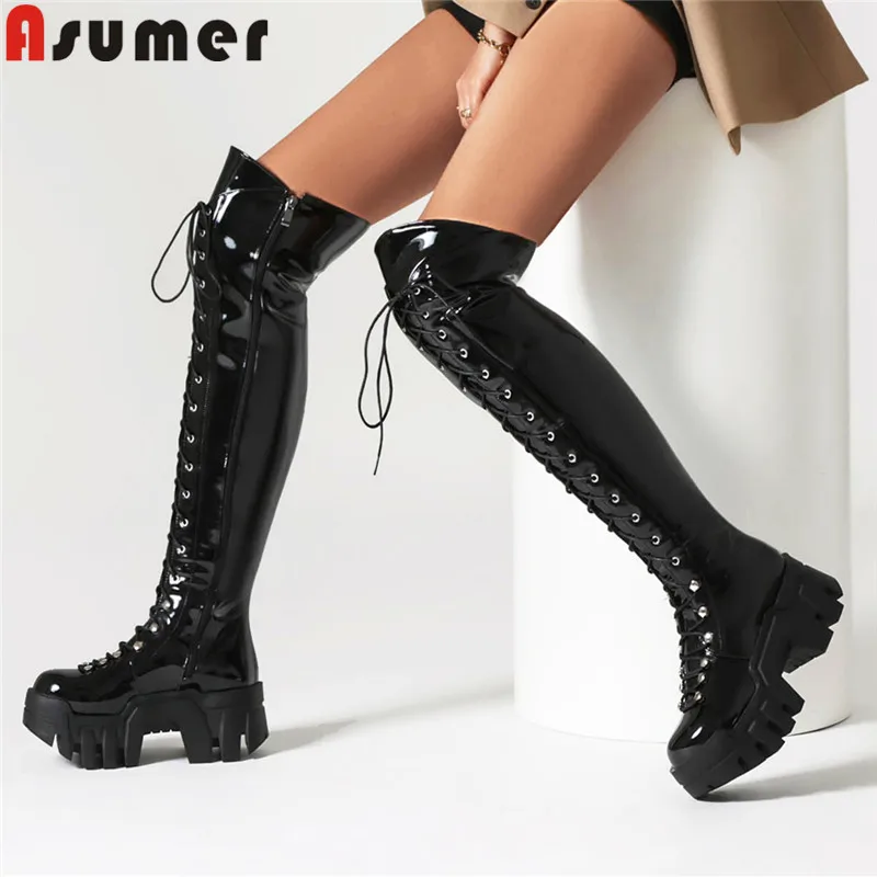 

ASUMER Size 34-43 New Women Boots Square High Heels Over The Knee Boots Lace Up Platform Thigh High Boots Ladies Dance Shoes