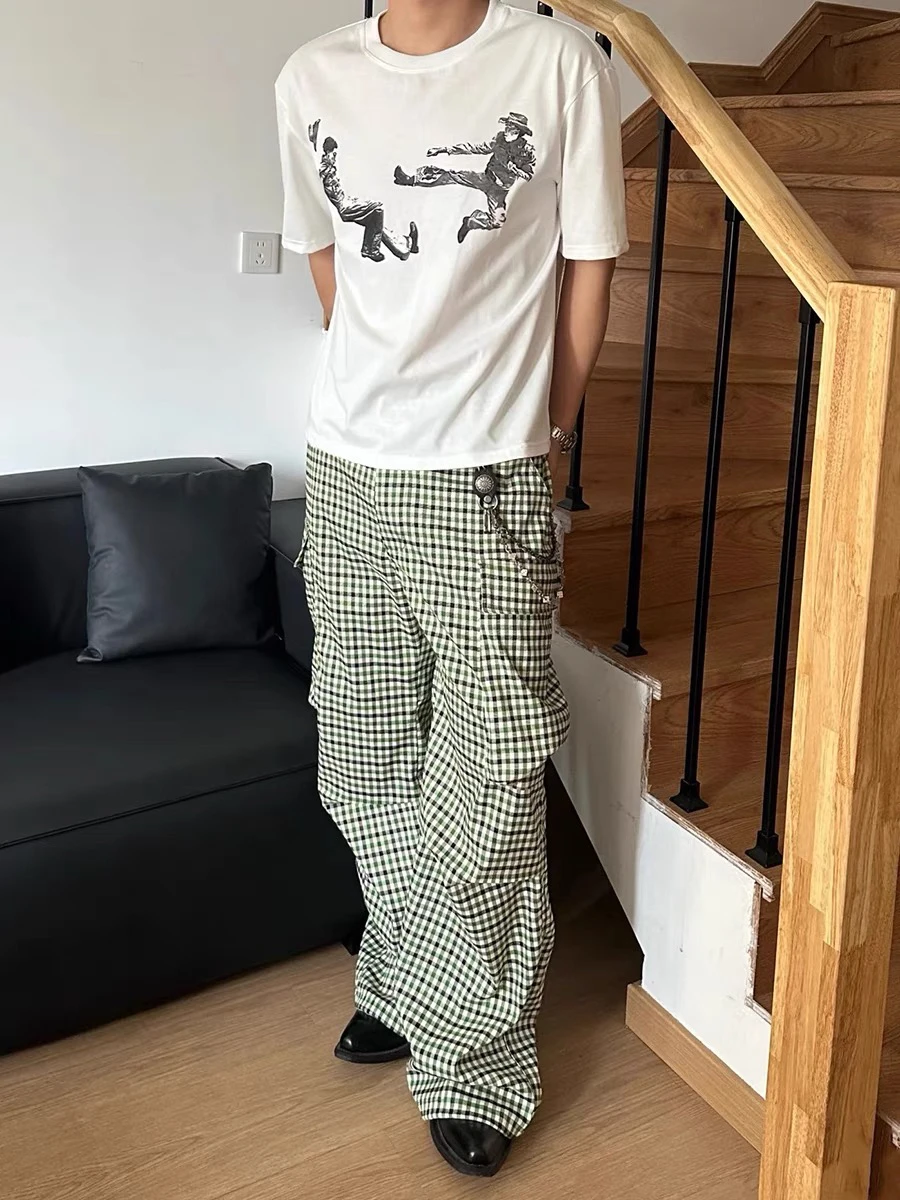 American Retro ein karierte Hose mit großen Ketten, lässige gestreifte Hose mit weitem Bein, Herren-Arbeitskleidung, Design Sensation, lange Hose