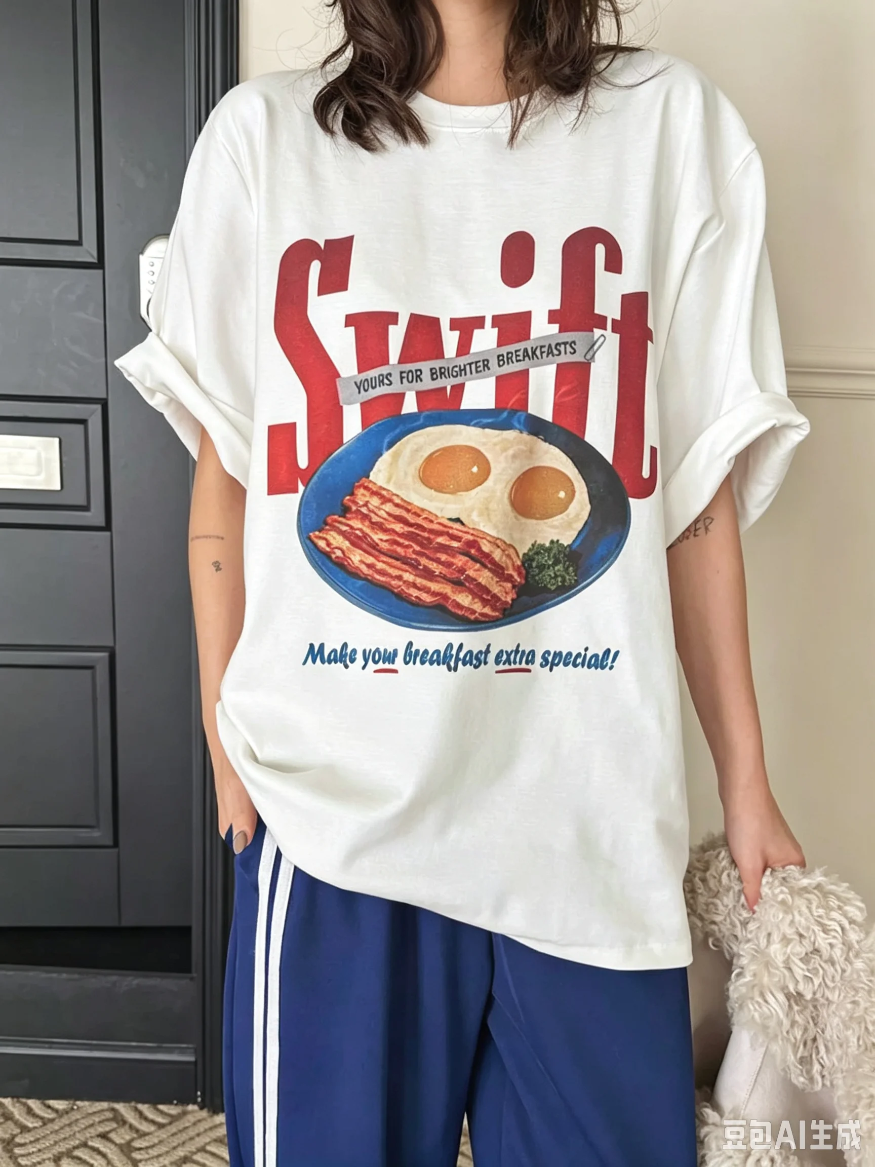 Chic Vintage Breakfast Bacon Graphic Cotton Tee Women Sweet T Shirt Retro Swift Letter Food Print Casual Daily Loose Fashion Top