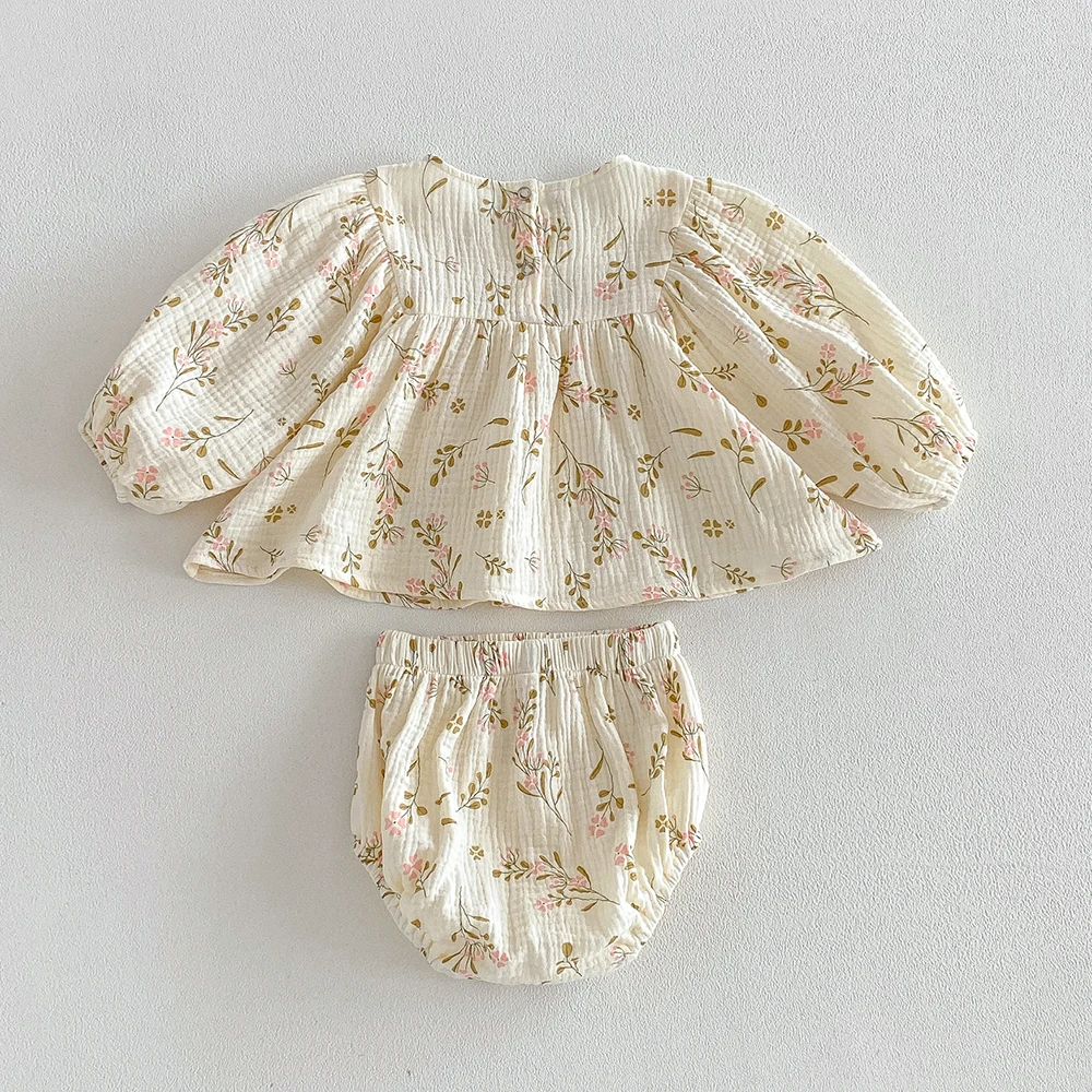Baby Mädchen Baumwoll-Blumen-Kleidungssets Säugling Langarm-Blumenbluse+PP-Shorts 2-teilige Outfits für Kleinkinder Herbstanzüge – Detail 10