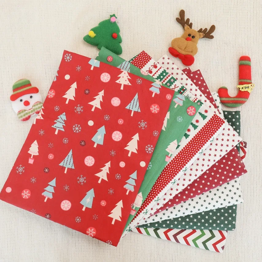 Printed Cotton Fabric for Home Decoration, Wrapping Cloth, Red and Green Christmas Snow Tree, Gift Wrap Cloth, 160x50cm