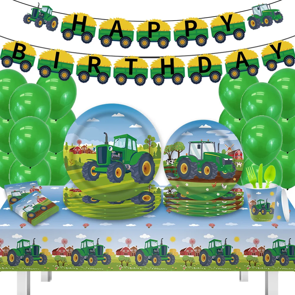 Farm Birthday Decoration Green Tractor Disposable Tableware Plate Cup Tablecloth Baby Shower Excavator Kids Boys Party Supplies