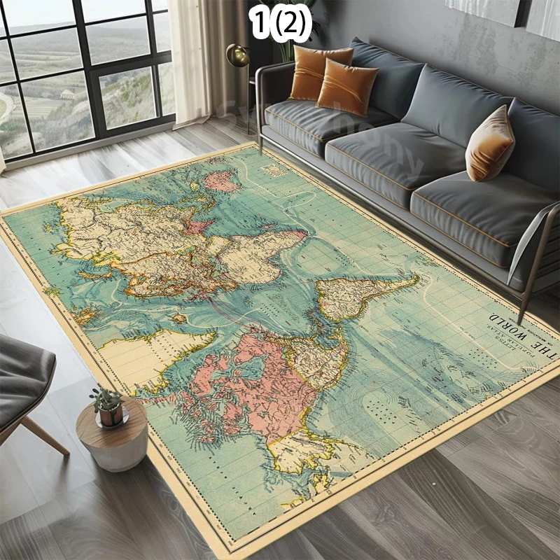 Alfombra Infantil con Mapa del Mundo Vintage, Tapete Antideslizante y Lavable, Alfombra de Entrada con Estampado Náutico, Alfombra Retro de Aventura para Dormitorio