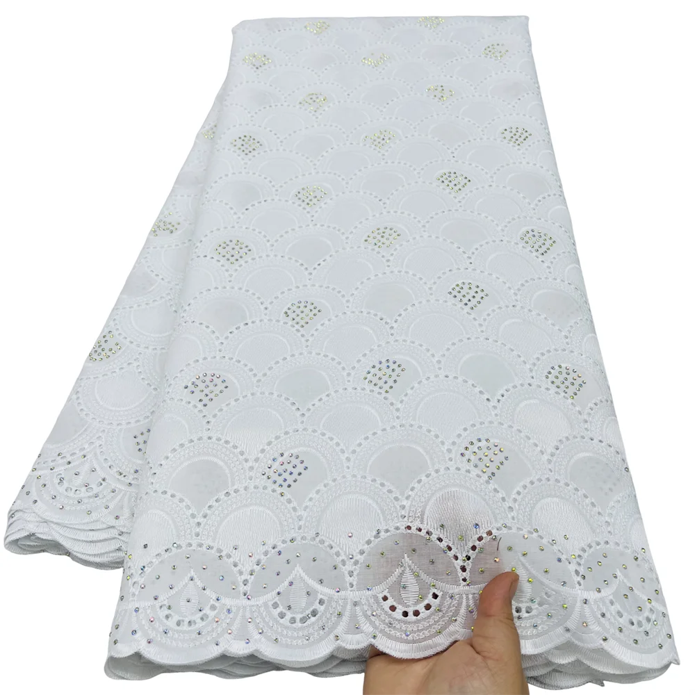 

White African 100% Cotton Embroidered Lace Fabric With Stones 2025 Nigerian Swiss Voile Lace Fabric For Sewing Wedding Dresses