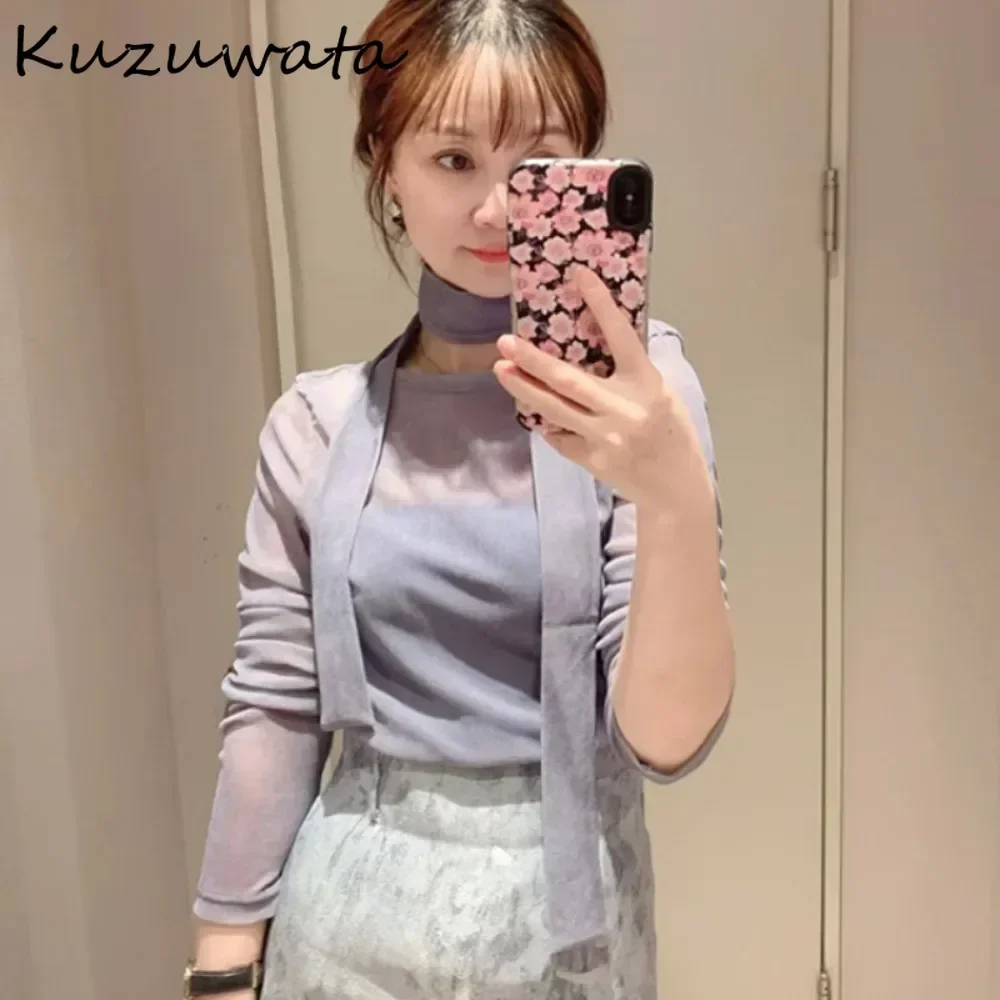 Kuzuwata Solid Halter Long Sleeve All-match T-shirt Lace Up Hollow Out Simple Bottom Layer Ropa Mujer Japan New Sweet Women Tops