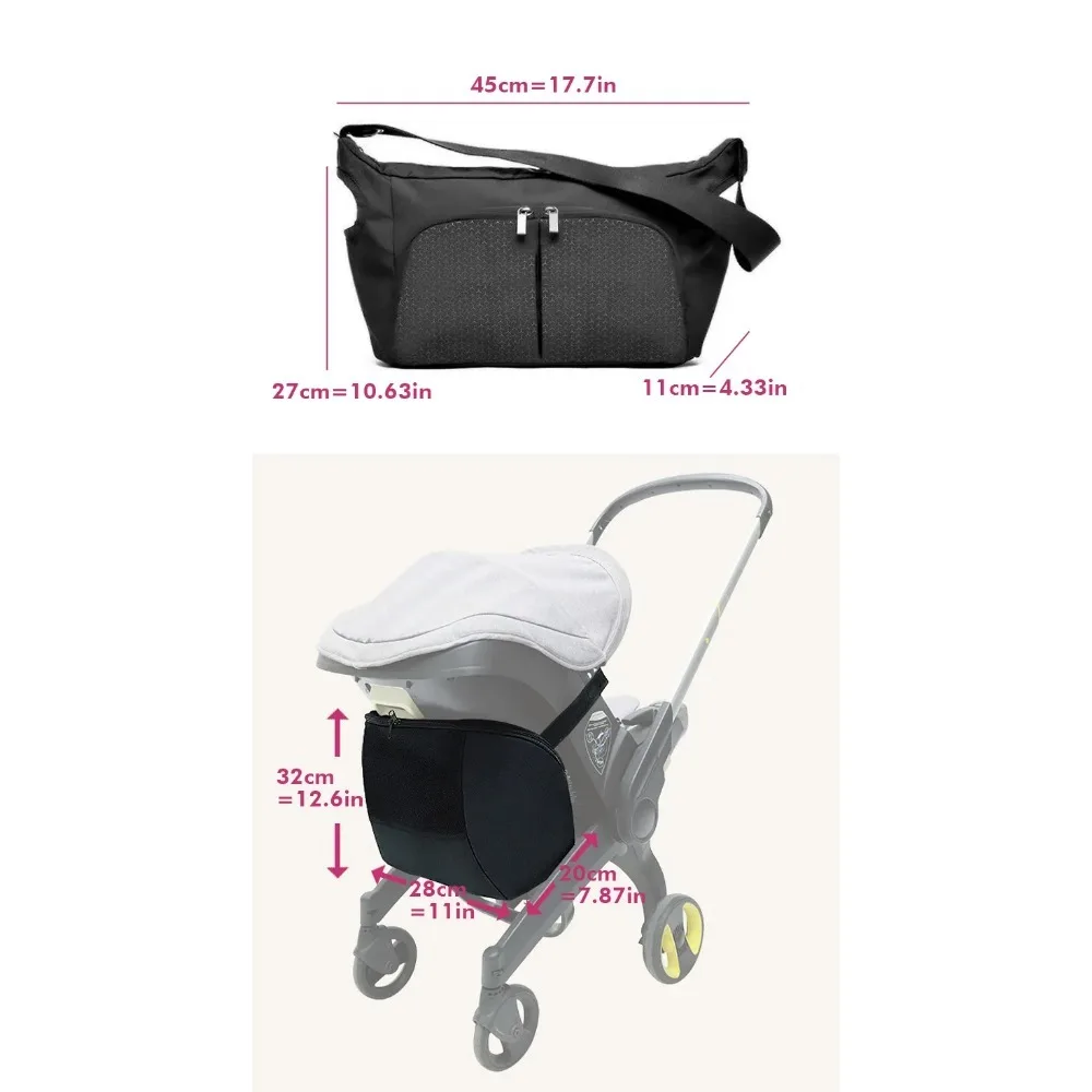 حقيبة تخزين الأم لملحقات عربة الأطفال دونا حقيبة حفاضات محمولة متوافقة مع حقيبة تخزين سوداء مقاومة للماء لعربة الأطفال