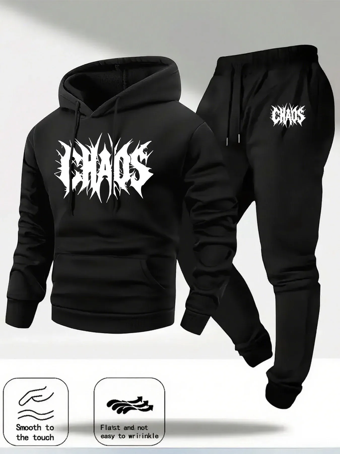 New Men's Sporty Set - Chaotic Gothic Style Text Print Fleece Hooded Sweatshirt for Winter Hip-Hop Street Sportswear