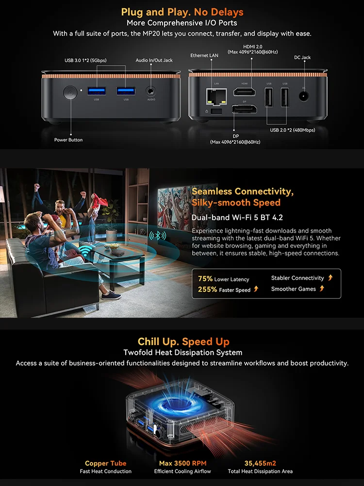Blackview MP20 Mini PC 16GB 2666MHz DDR4 512GB SSD AMD Ryzen 3 3300U Prozessor Bis zu 3.5GHz 4K Windows 11 Pro Mini-Computer für Büro und Zuhause – Detail 5