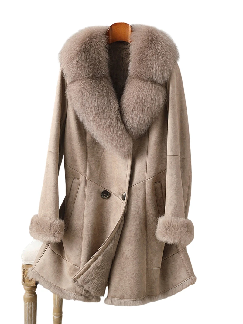 Special offer on the 2025 new Haining Fur, genuine leather rabbit fur integrated women's mid-length fox fur collar fur coat