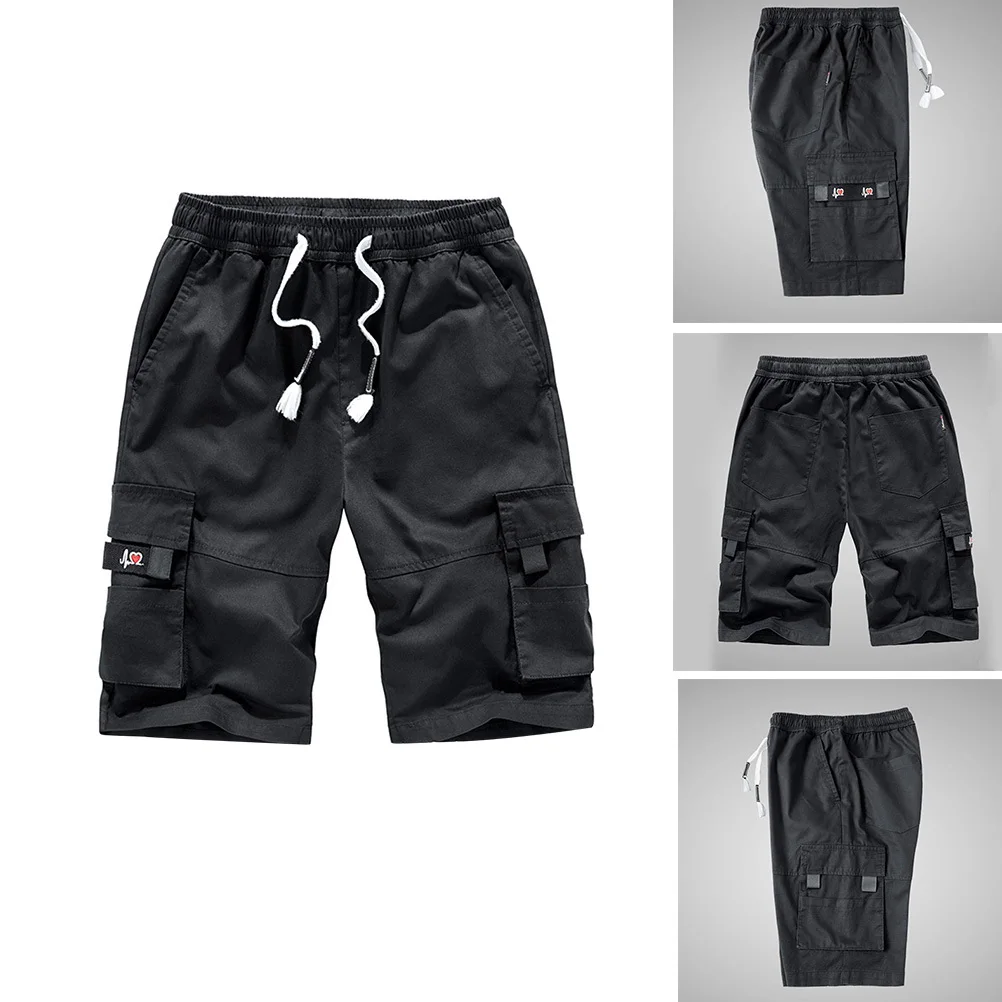 شورت صيفي أسود قابل للتنفس للرجال من القطن الخالص، سروال قصير مريح برباط قابل للتعديل مقاس 5xl #5