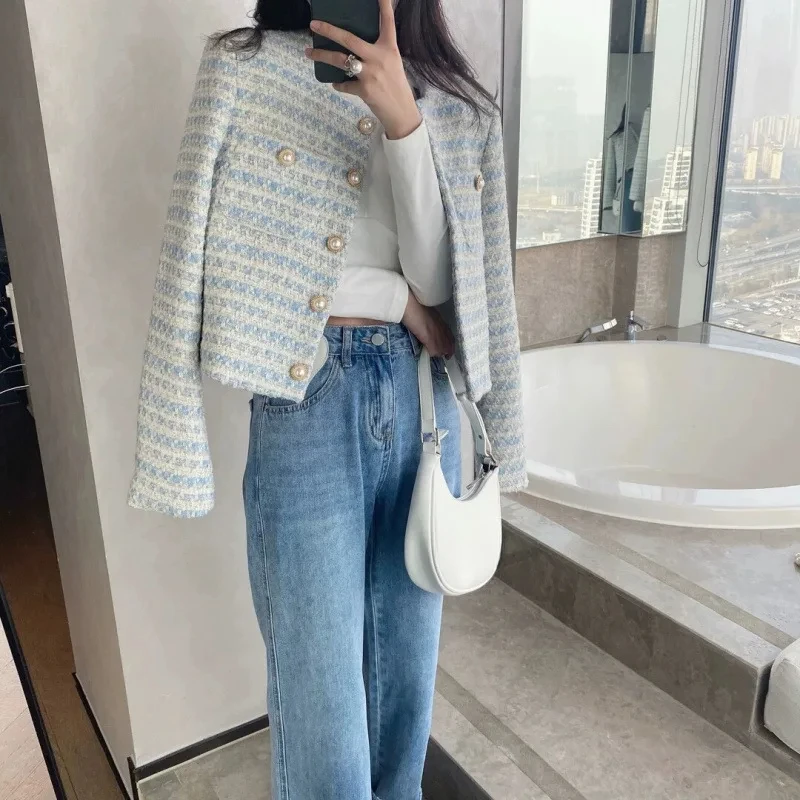 Romantic Tweed Style Blue Pearl Button Jacket For Women Spring Autumn New Round Neck Long Sleeve Woven Suit