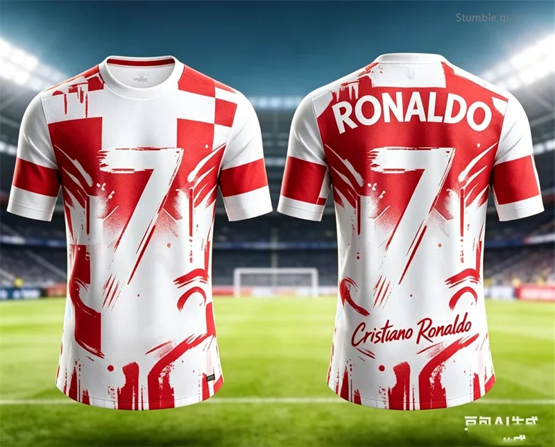 Sommer Herren Dünnes Ronaldo Fußball-Muster T-Shirt Kurzarm Lässiges Sporttrikot Kinder Jungen Tee Training