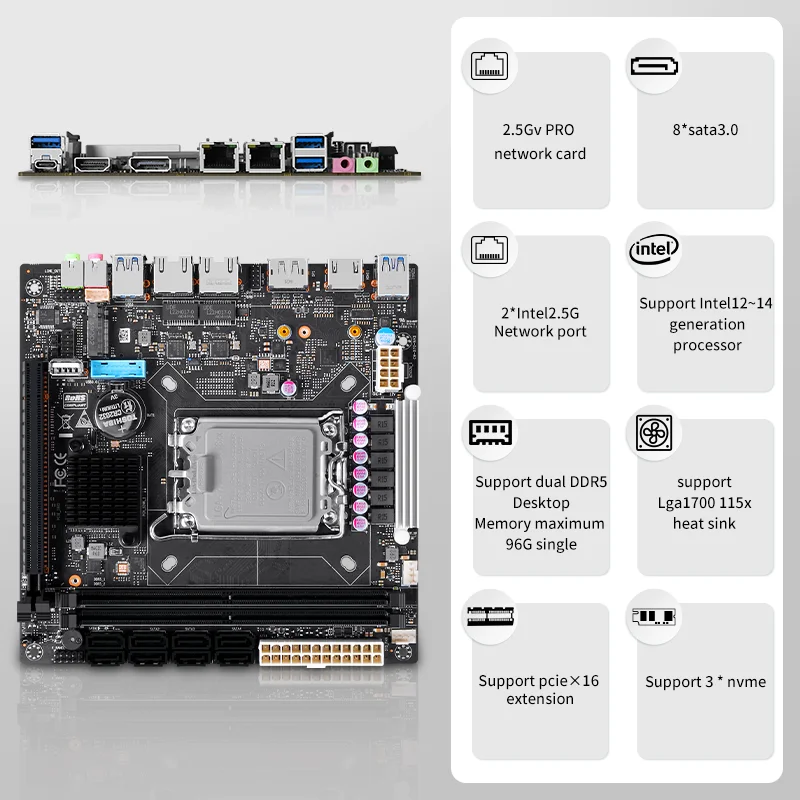 لوحة أم NAS 8-Bay Q670 ، مناسبة لـ Intel 12 ، 13 ، 14 جيل CPU ، 3x M.2 NVMe ، 8x SATA3.0 ، 2x Intel G منفذ شبكة