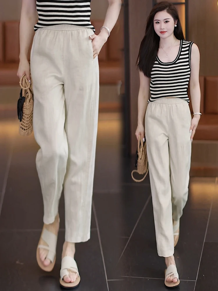 

Женские летние тонкие льняные брюки-шаровары с высокой талией, облегающие, свободного кроя, в корейском стиле, новые, маленькие размеры