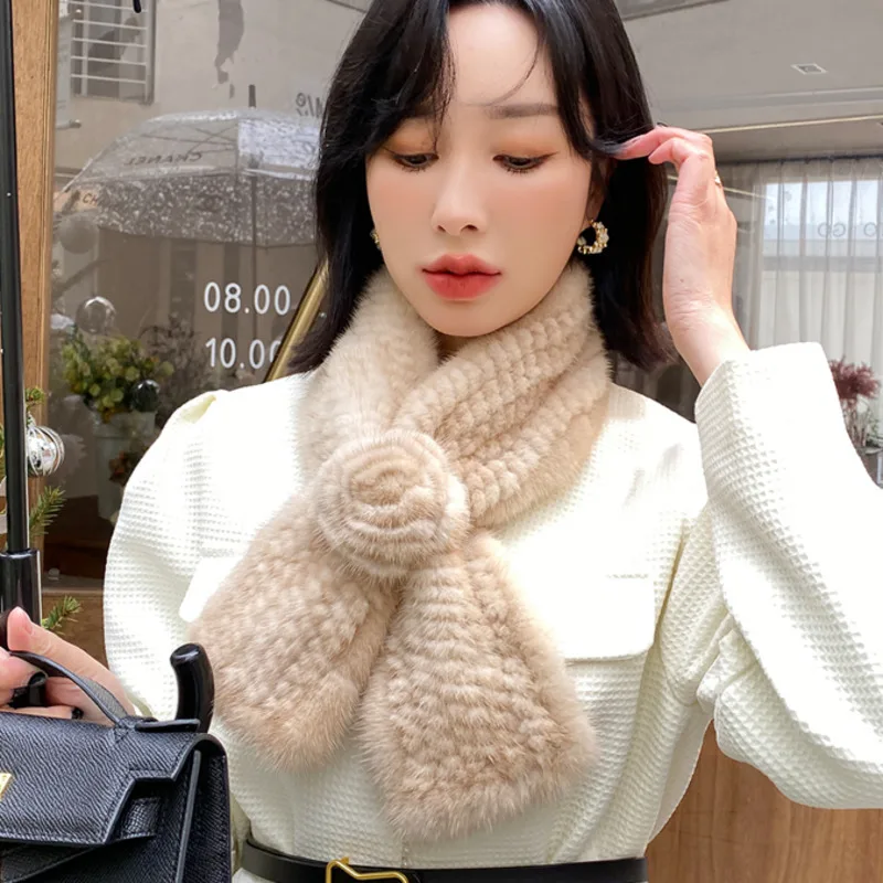 

Natural Mink Fur Scarf Fashion Woven Flowers Fur Scarves For Women Winter Thicken Double Sided Fur Neck Warmer Coat Hood Decor