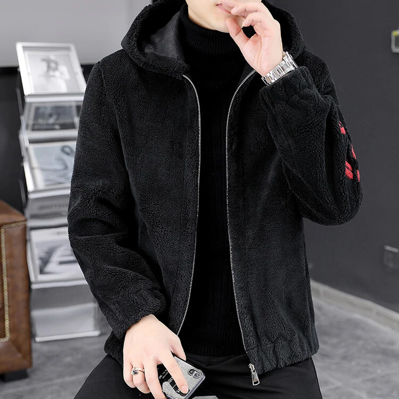 

Fashion men's zipper jacket autumn and winter new youth high quality thickened lamb wool warm hooded top casual coat