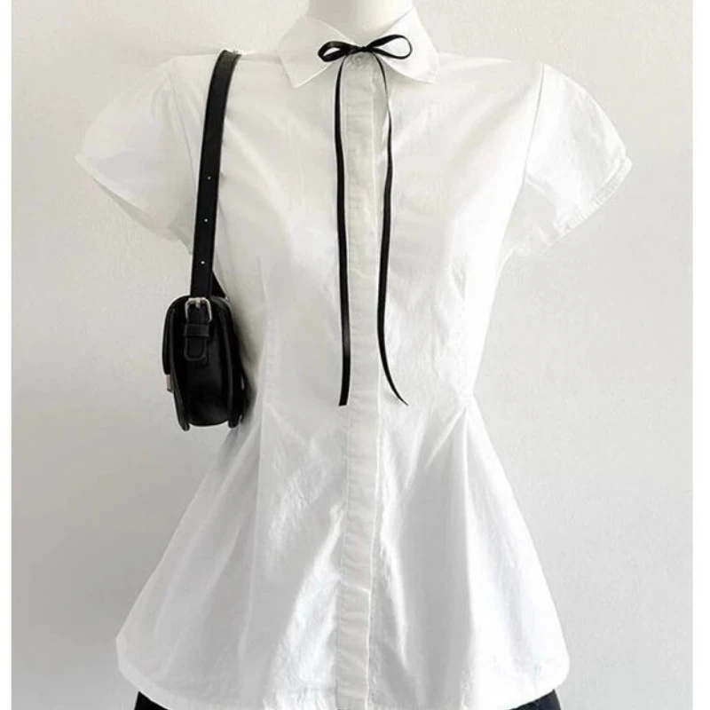 Deeptown Elegant Sweet White Blouse Women Bow Preppy Style Kawaii Lolita Shirts Vintage Japanese Short Sleeve Shirts Aesthetics