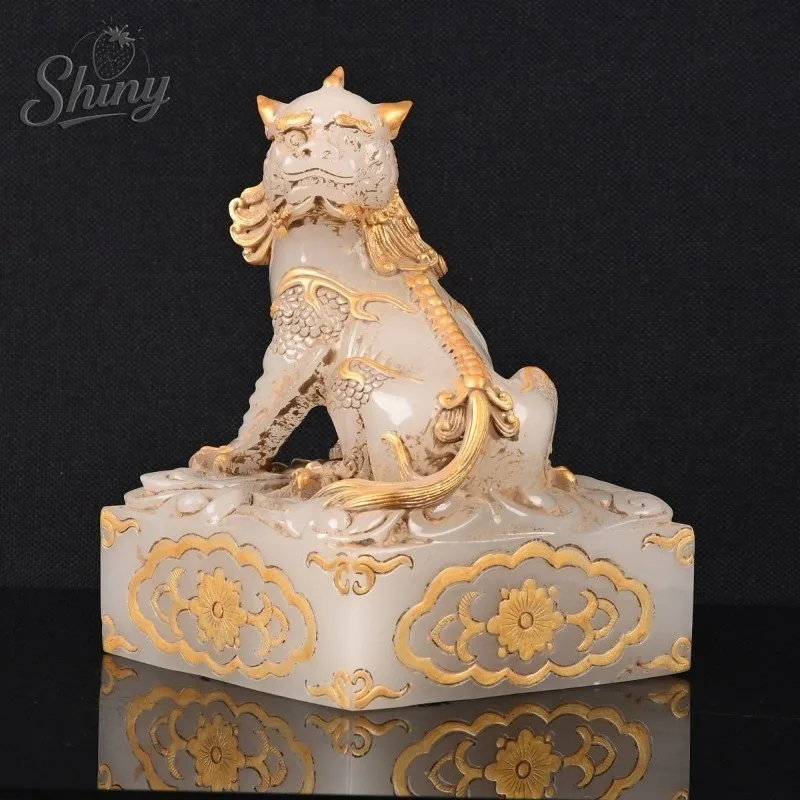 Vintage White Jade Auspicious Beast Seal Imperial Jade Seal Artificial Stone Ornament Home Office Feng Shui Decor