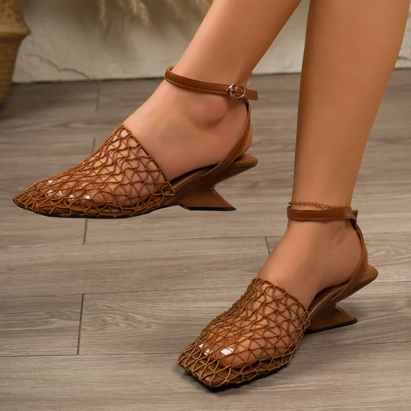 French-style fishnet top high-heeled sandals. Summer 2026 new net fabric open-weave braided wedge women's shoes. Large size