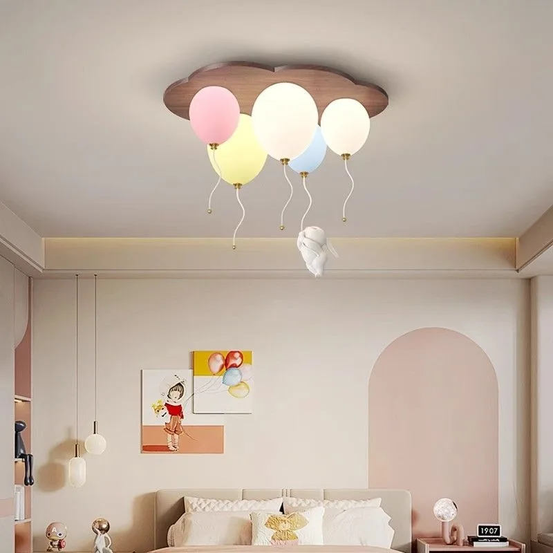 Creative Cartoon Rabbit Balloon Solid Wood Eye Care LED Pendant Light Kids Room Bedroom Home Decor Novelty New Energy Saving