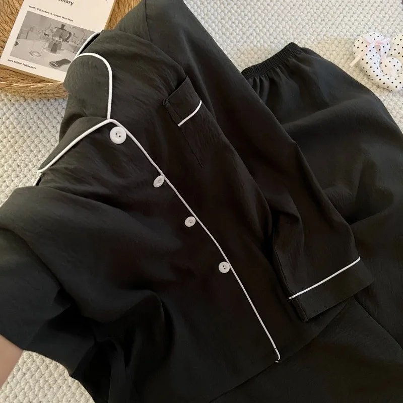 Übergrößen Damen Einfarbiger Lässiger Pyjama-Set Einfache Langarm-Schlafanzüge mit Knopfleiste Frühling Reverskragen Weicher Zweiteiliger Loungewear – Detail 4