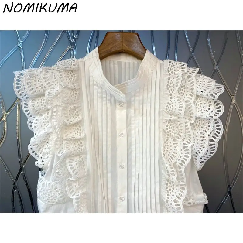 Nomikuma Womens Tops Korean Lace Ruffle Sleeveless Blouse Fashion Folds Single Breasted Stand Neck Blusas Shirt 2023 Summer New