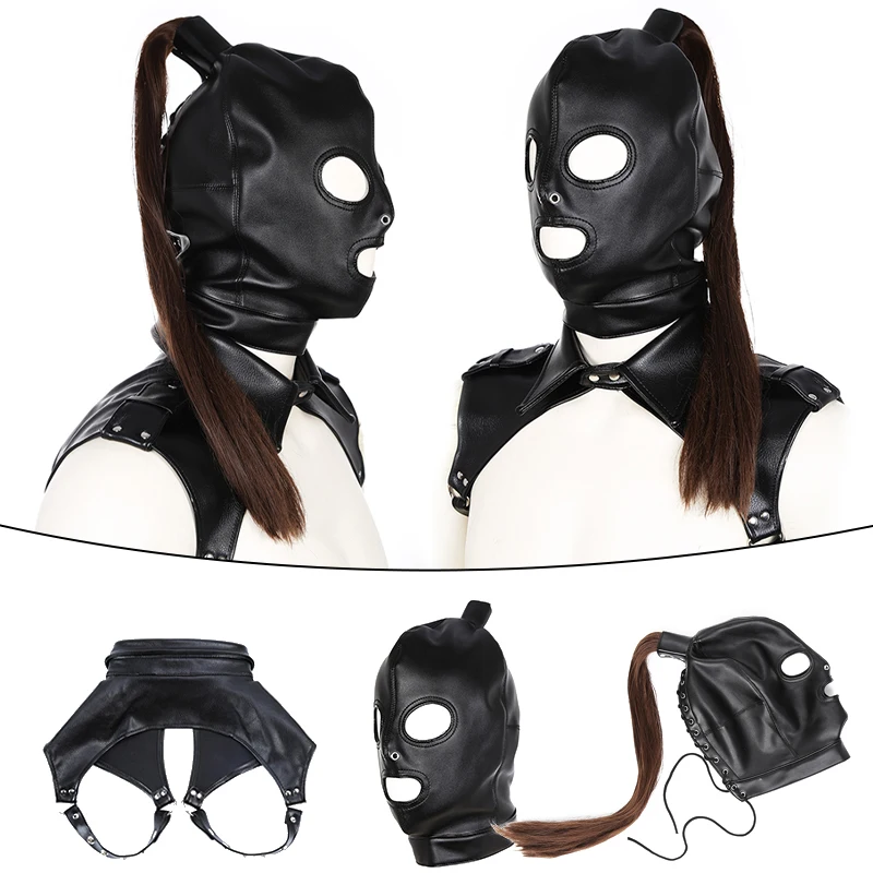Adulto Sexy PU Pelle Testa Bondage Cappuccio Maschera Copricapo Donna Cosplay Costume da festa Copricapo Accessori da discoteca