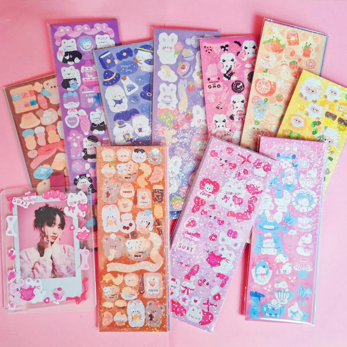 100 PCS KPOP Cuties Holo Sticker Pack - Shiny Cute Cartoon Themes - For Journaling Toploader Deco Seal with Kawaii Korean Style