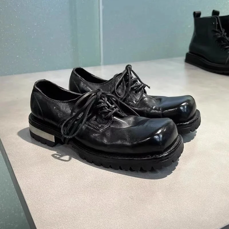 Retro Big Toe Derby Shoes Men's and Women's Metal Thick Soled Lace Up Square Toe Single Shoes Leather Upturned Toe Loafers