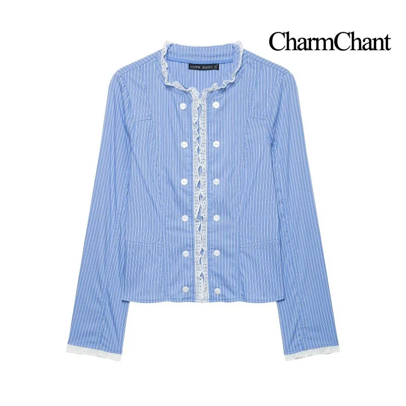 CHARMCHANT Women's Striped Lace Trim Long Sleeve Crop Shirt Stand Collar Double Breasted Slim Casual Blouse Summer Top 2026