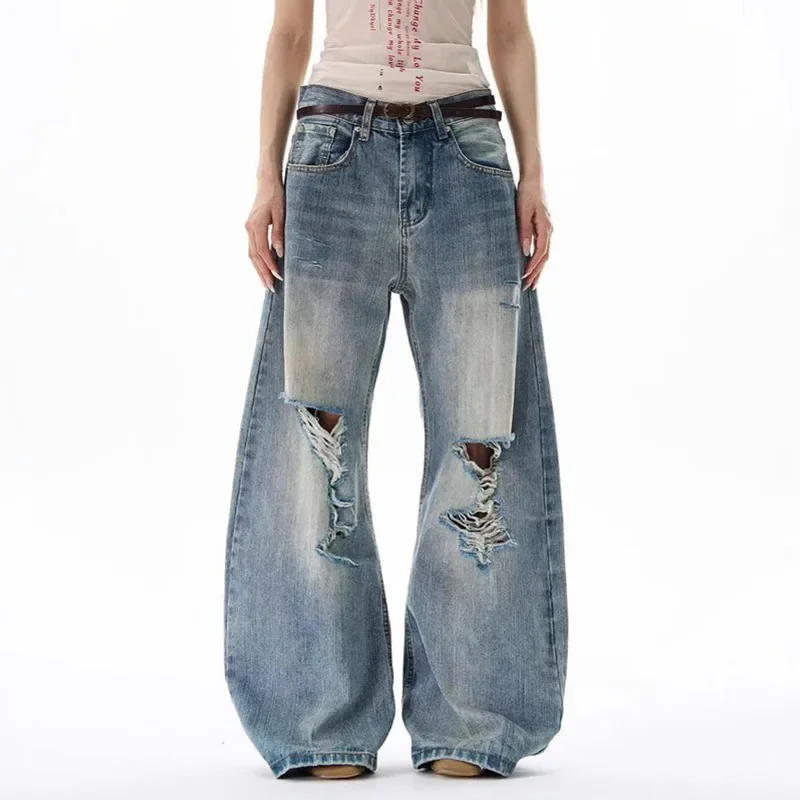 American Style Distressed Jeans Men's Holes Design Solid Color Casual Torusers Wide Leg Loose Male Denim Pants Tide