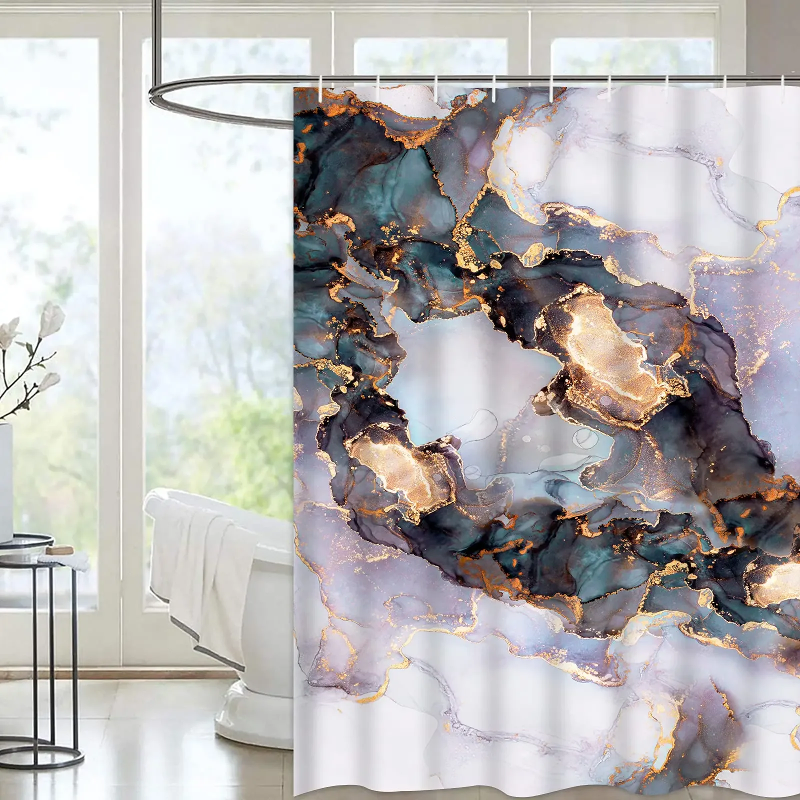 Grey Gold Marble Ink Texture Shower Curtain Set Abstract Modern Shower Curtain for Bathroom Decor Waterproof Washable Fabric